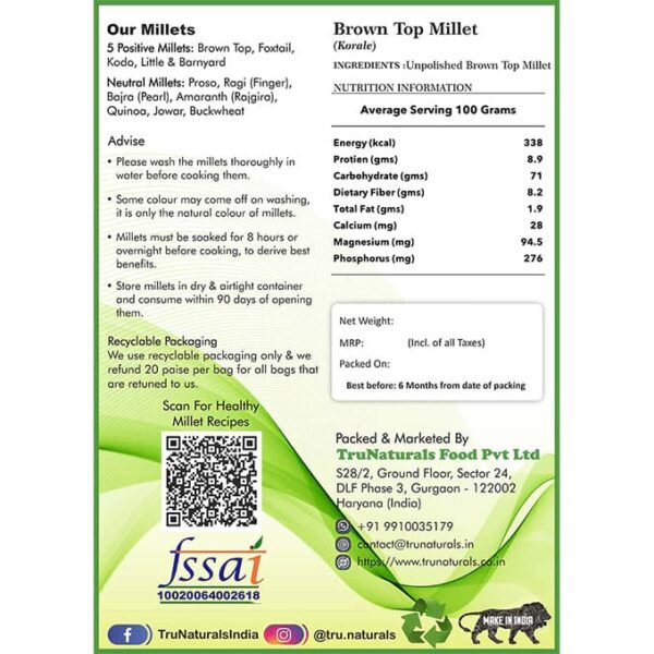 browntop millet nutrition values